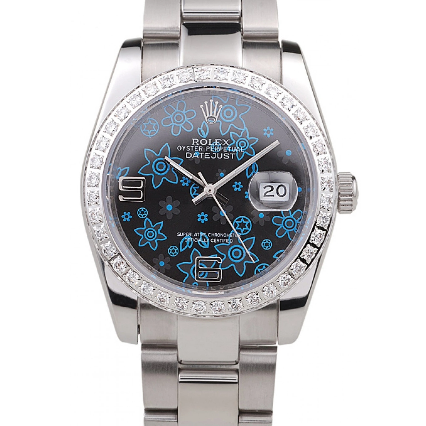 Rolex copies cheap Polished Dark Dial Flowers Blue Plated Stainless Steel Rolex Datejust Diamond 0721